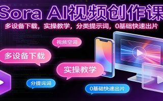 Sora AI视频创作课：多设备下载，实操教学，分类提示词，0基础快速出片