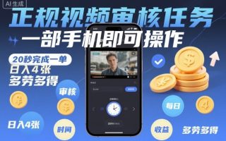 正规视频审核任务，一部手机即可操作，20秒完成一单，日入4张，多劳多得【揭秘】