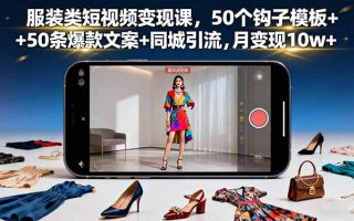 服装类短视频变现课，50个钩子模板+50条爆款文案+同城引流，月变现10w+