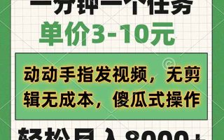 一分钟一个任务，单价3-10元，动动手指发视频，无剪辑无成本，傻瓜式操…