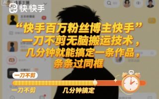 快手百万粉丝博主快手一刀不剪无脑搬运技术，几分钟就能搞定一条作品，条条过同框