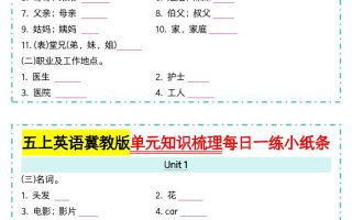 五上冀教版英语【单元知识梳理每日一练小纸条（空白）】