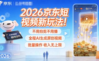 2026京东短视频新玩法！不用拍剪不用播，全程AI生成原创视频，批量操作收入无上限