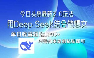 今日头条最新2.0版本，用Deep Seek结合今日头条做爆文，单日收益轻松10…