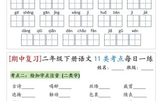 （期中复习）二年级下册语文11类考点每日一练（10页20练）-高清无水印完整版本