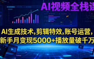 AI视频全栈课:AI生成技术,剪辑特效,账号运营,新手月变现5000+播放量破千万
